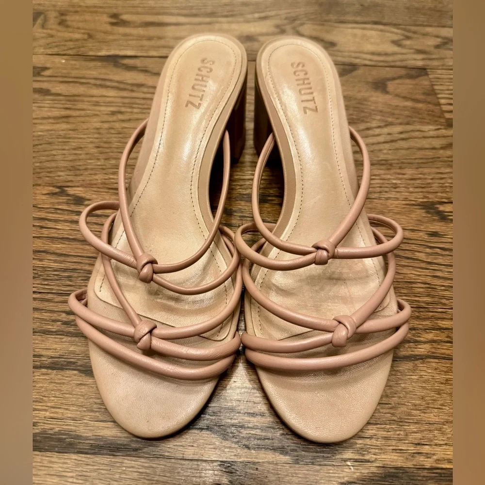 Schutz Leather Strappy Block Heel Mules 8.5 Nude